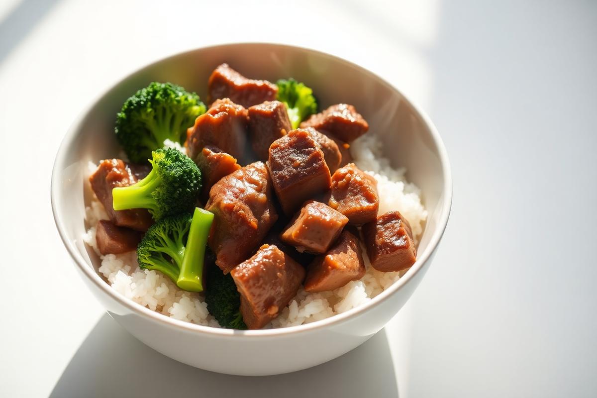 Beef and broccoli stir fry served over rice in a white bowl