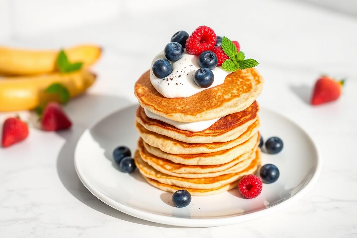 Stack of protein pancakes topped with Greek yogurt and fresh berries