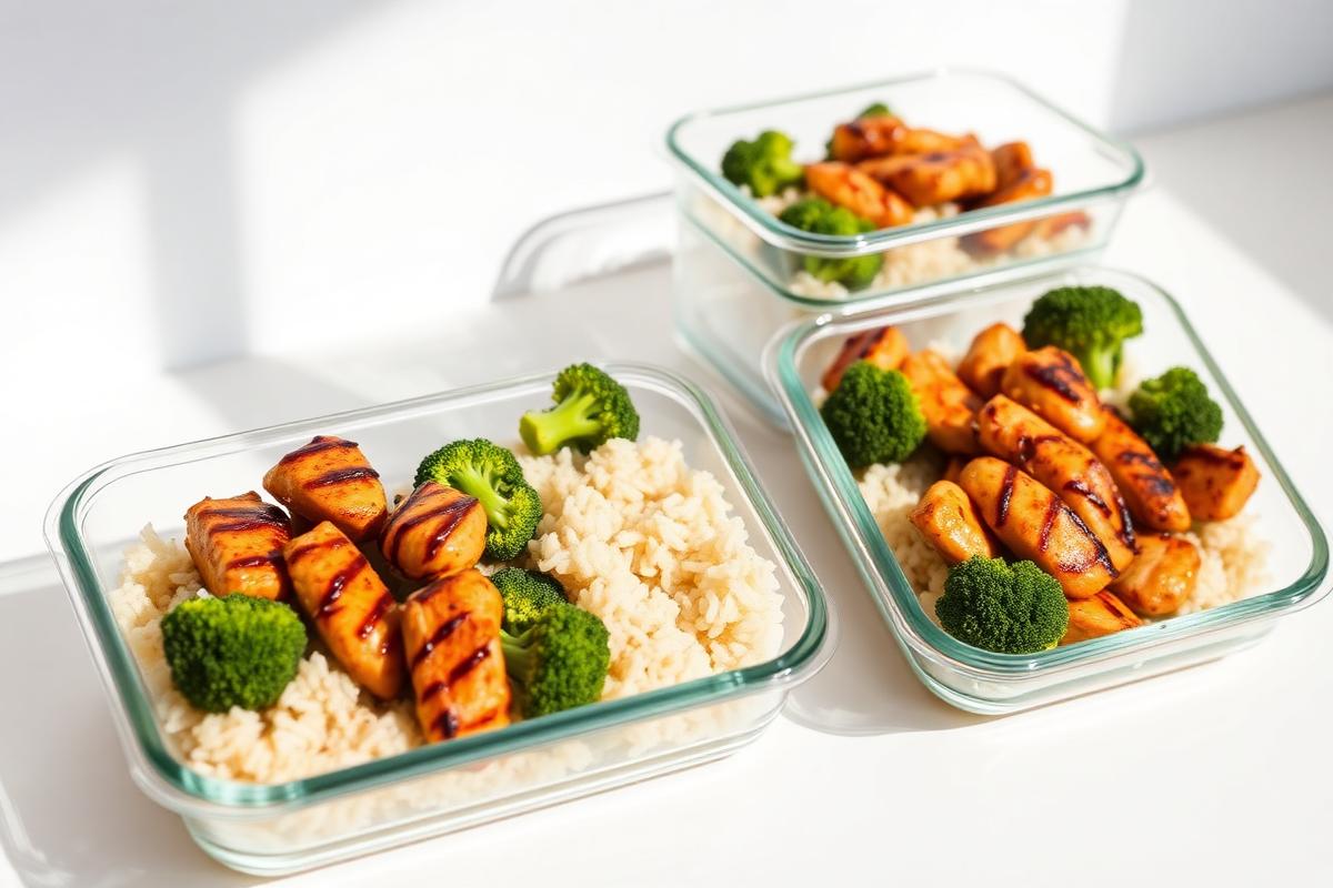 Glass meal prep containers filled with chicken, rice, and broccoli