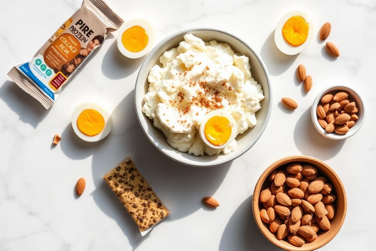 Flat lay of high protein snacks including cottage cheese, eggs, and almonds