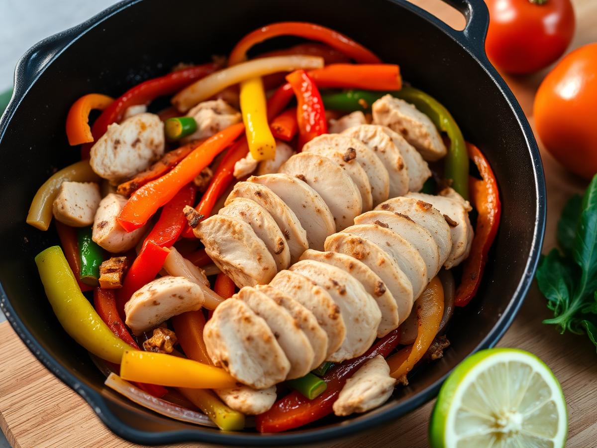 Chicken Fajita Skillet served on a white plate, photographed from above