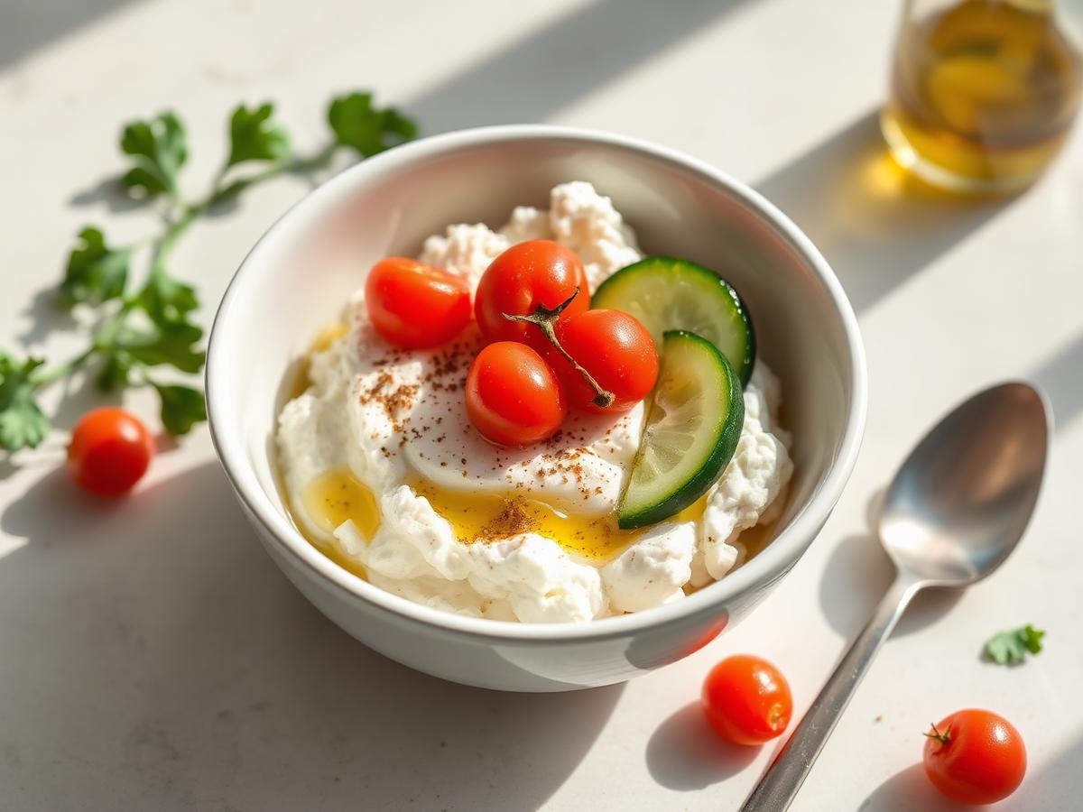 Savory Cottage Cheese Bowl served on a white plate, photographed from above
