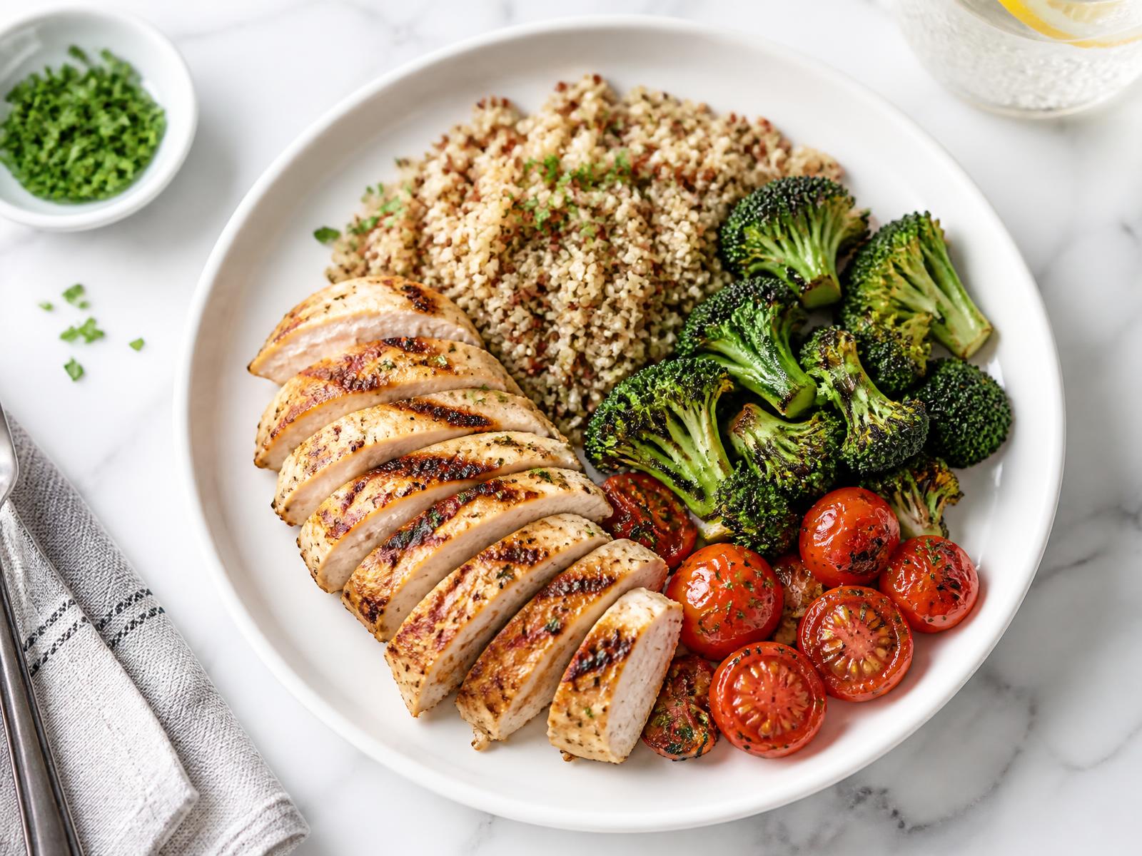 Plate of grilled chicken, quinoa, and roasted vegetables