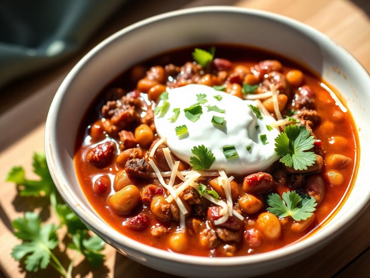 High Protein Turkey Chili served on a white plate, photographed from above