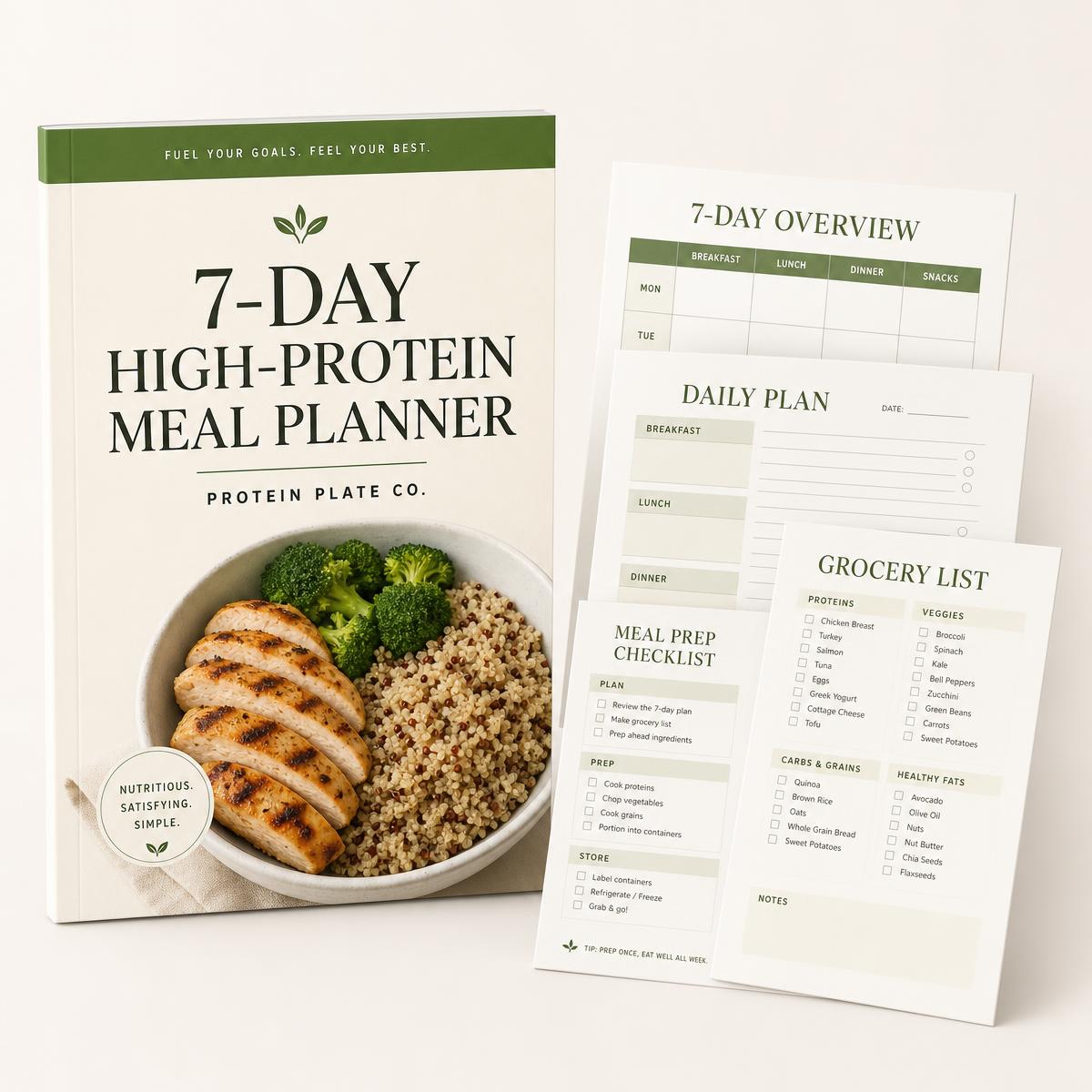 Cover mockup of the free Protein Plate Co. 7-Day High-Protein Meal Planner PDF with planner pages fanned beside it