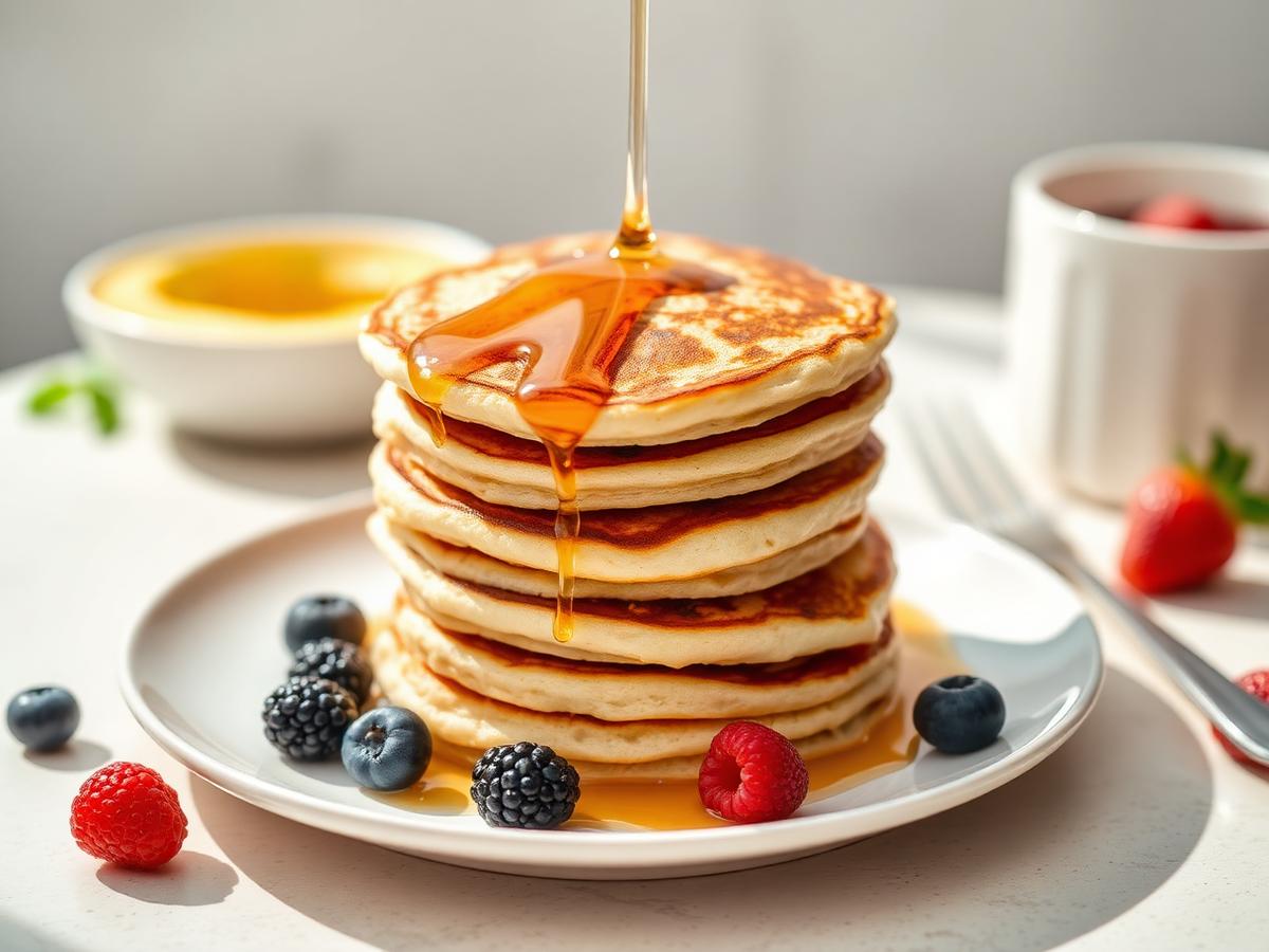 Fluffy Protein Pancakes served on a white plate, photographed from above